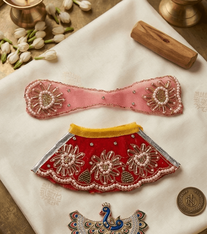 Handcrafted Yellow & Red Net Embroidered Mata Rani Poshak Set