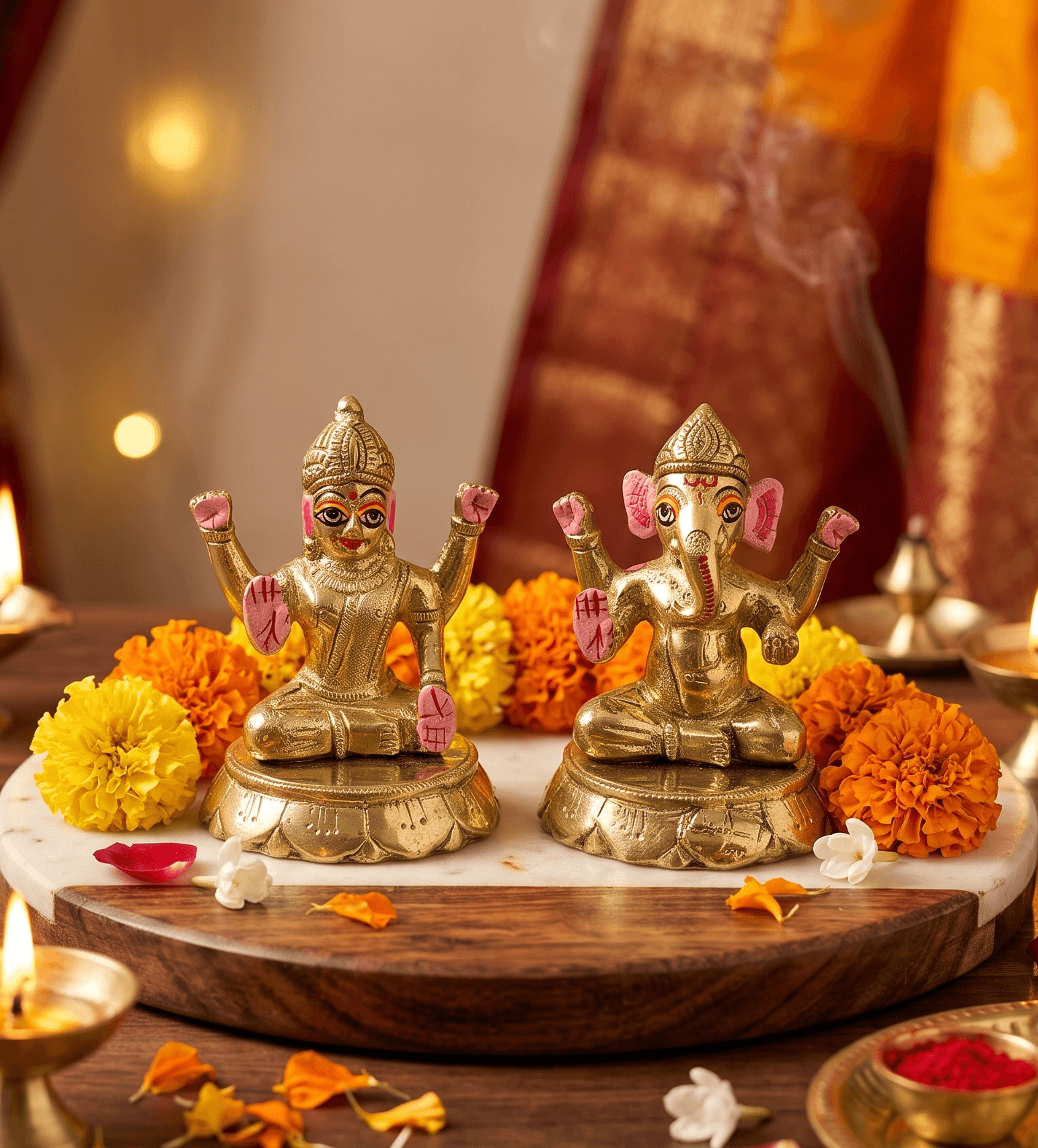 ISCKON Style Superfine Brass Laxmi Ganesh Vigraha Idol Pair with Hand-Painted Facial Features & Enamel Details on Lotus Pedestals for Home Mandir, Dhanteras & Diwali Pooja - 4 Inch — image 1