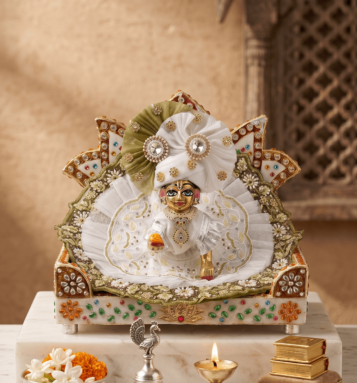 Olive Green & Pure White Dual-Tier Net Poshak Set with Matching Pagri for Laddu Gopal — image 1