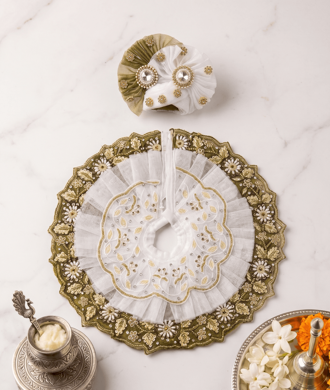 Olive Green & Pure White Dual-Tier Net Poshak Set with Matching Pagri for Laddu Gopal — image 2