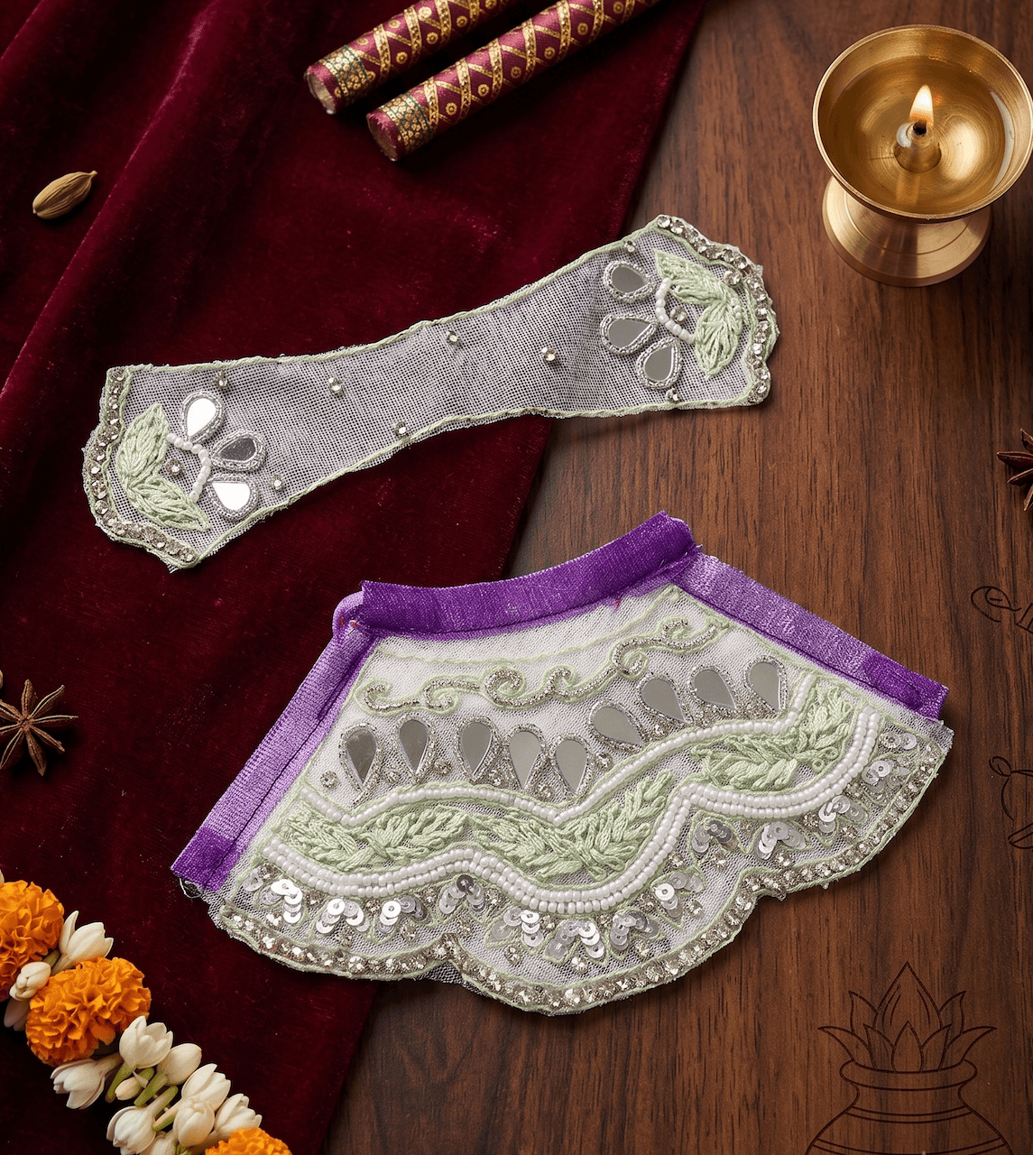 Handcrafted Purple & Light Green Net Embroidered Mata Rani Poshak Set