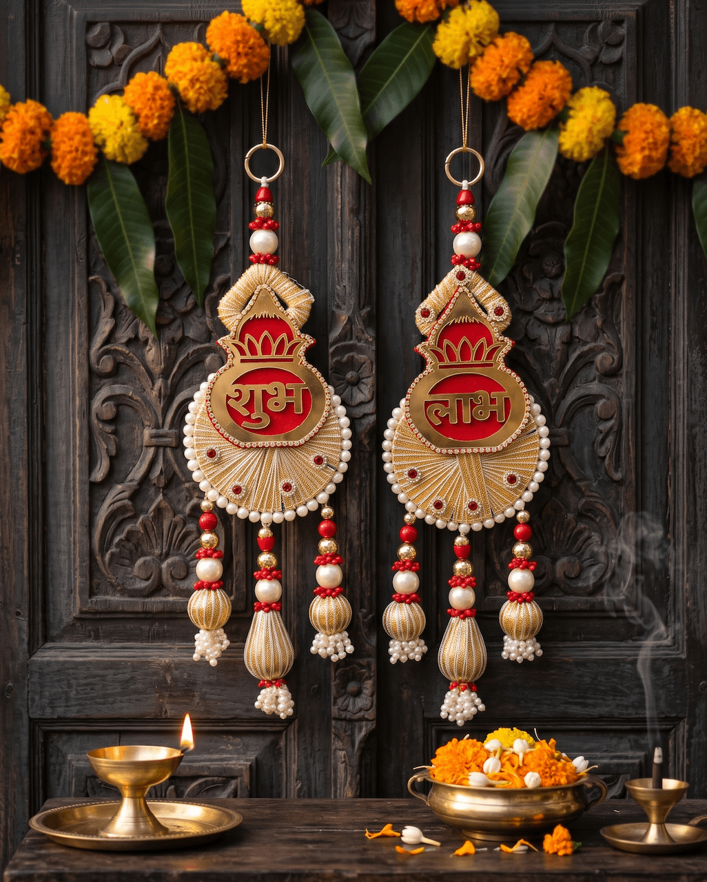 Handcrafted Crimson Red Velvet & Gold Mangal Kalash Shubh Labh Hanging Latkan Pair with Pearl Beads & Hanging Tassels for Main Door, Diwali & Mandir Entrance — image 1