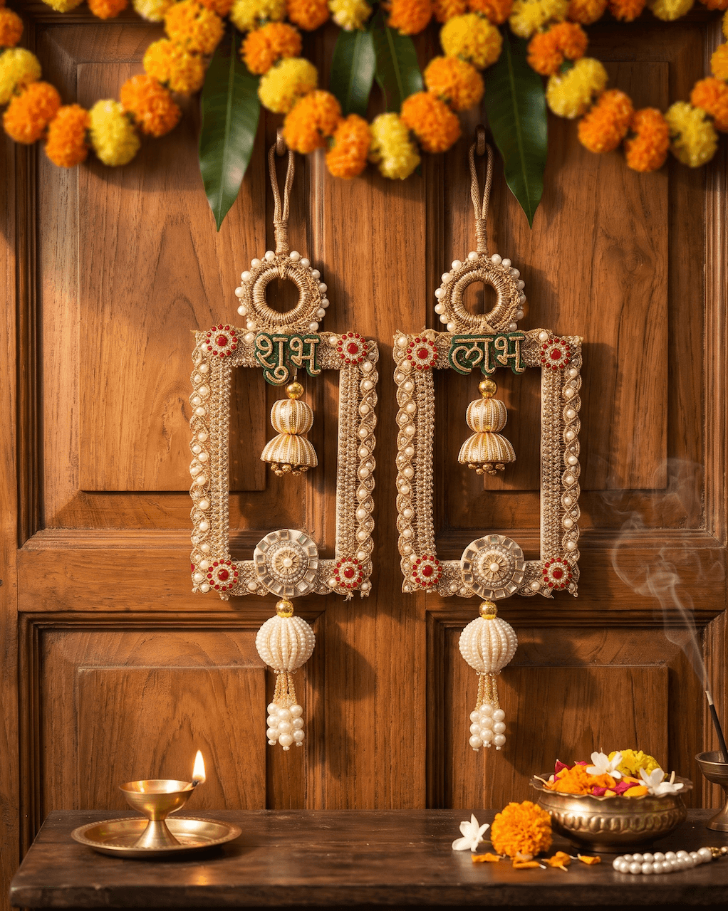Handcrafted Golden Rectangular Frame Shubh Labh Hanging Latkan Set for Door & Wall Decor — image 1