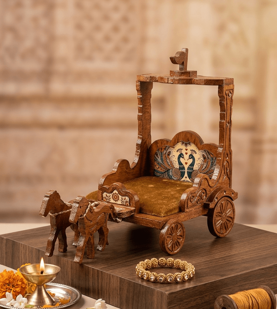 Handcrafted Wooden Horse Chariot Rath Singhasan with Peacock Artwork & Velvet Cushion for Laddu Gopal & Deity Idols
