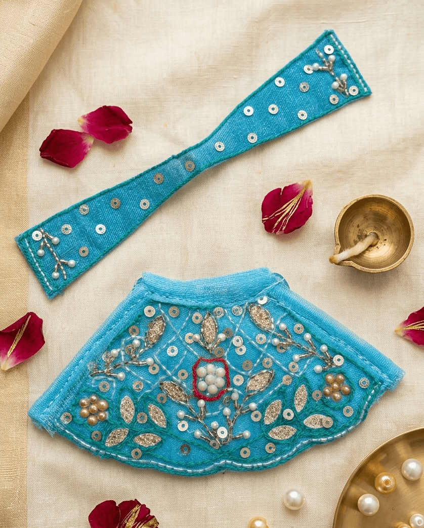 Handcrafted Turquoise Blue Embroidered Mata Rani Poshak Set — image 1