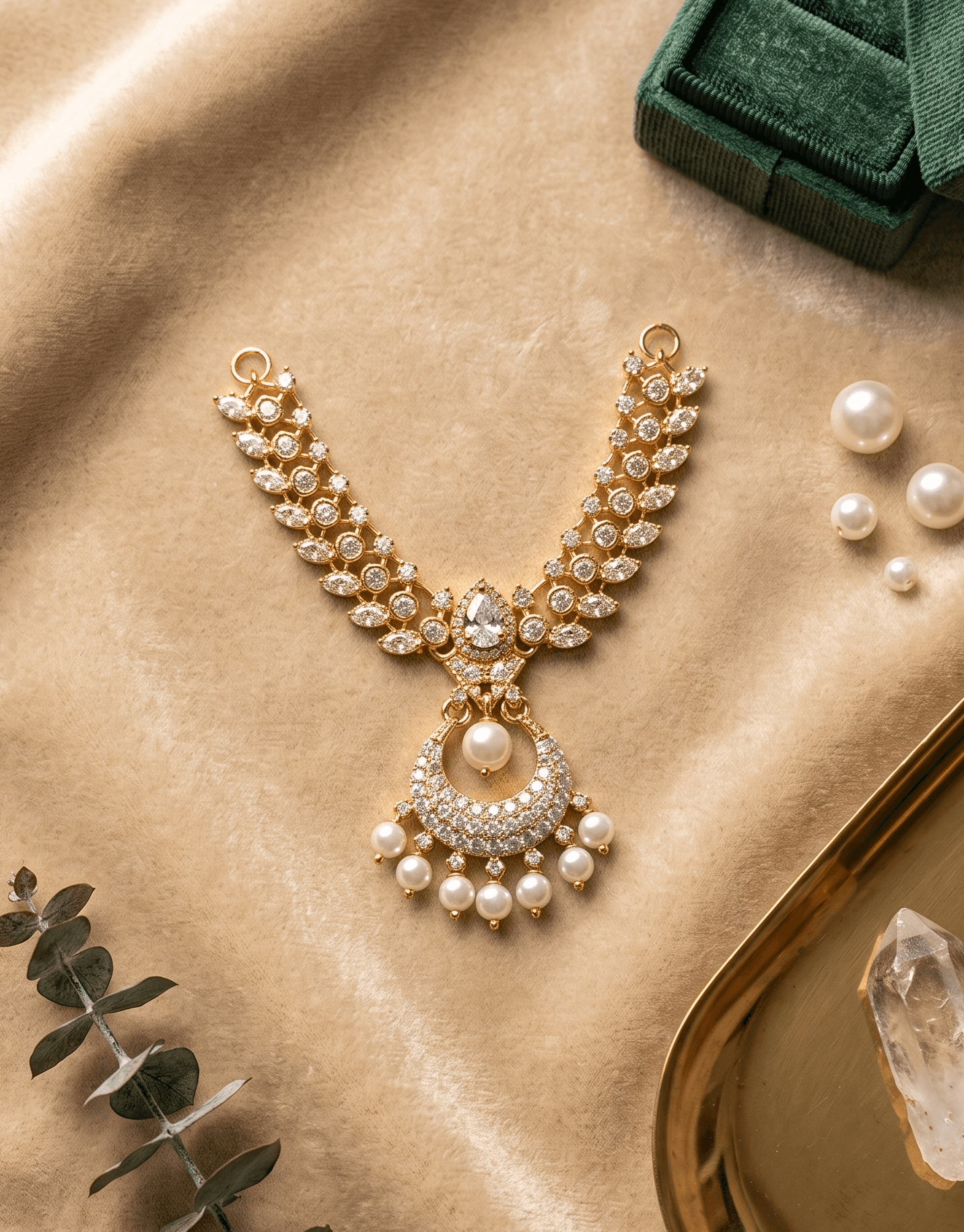 Handcrafted Gold-Plated AD & Pearl Crescent Pendant Deity Necklace for God Idols - Small / White — image 1