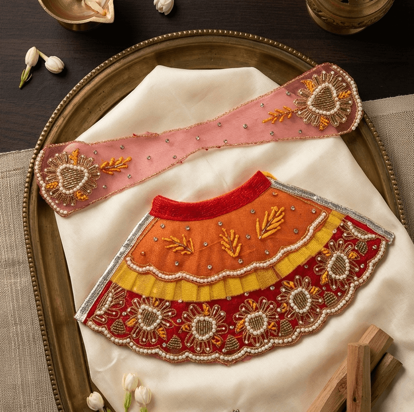 Handcrafted Yellow & Red Net Embroidered Mata Rani Poshak Set — image 1
