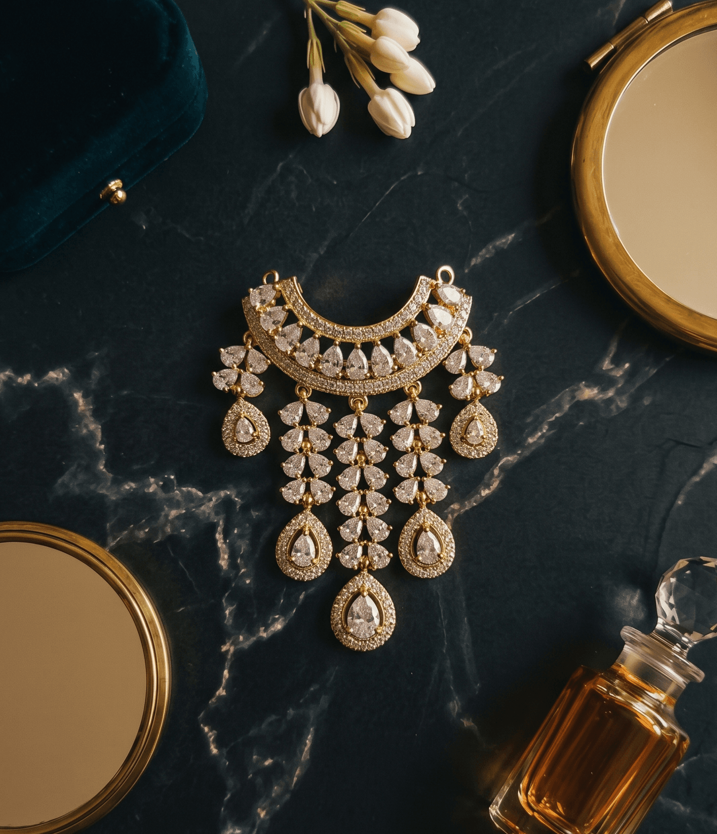 Handcrafted American Diamond (AD) Deity Hasli with Cascading Tear Drops - White — image 1