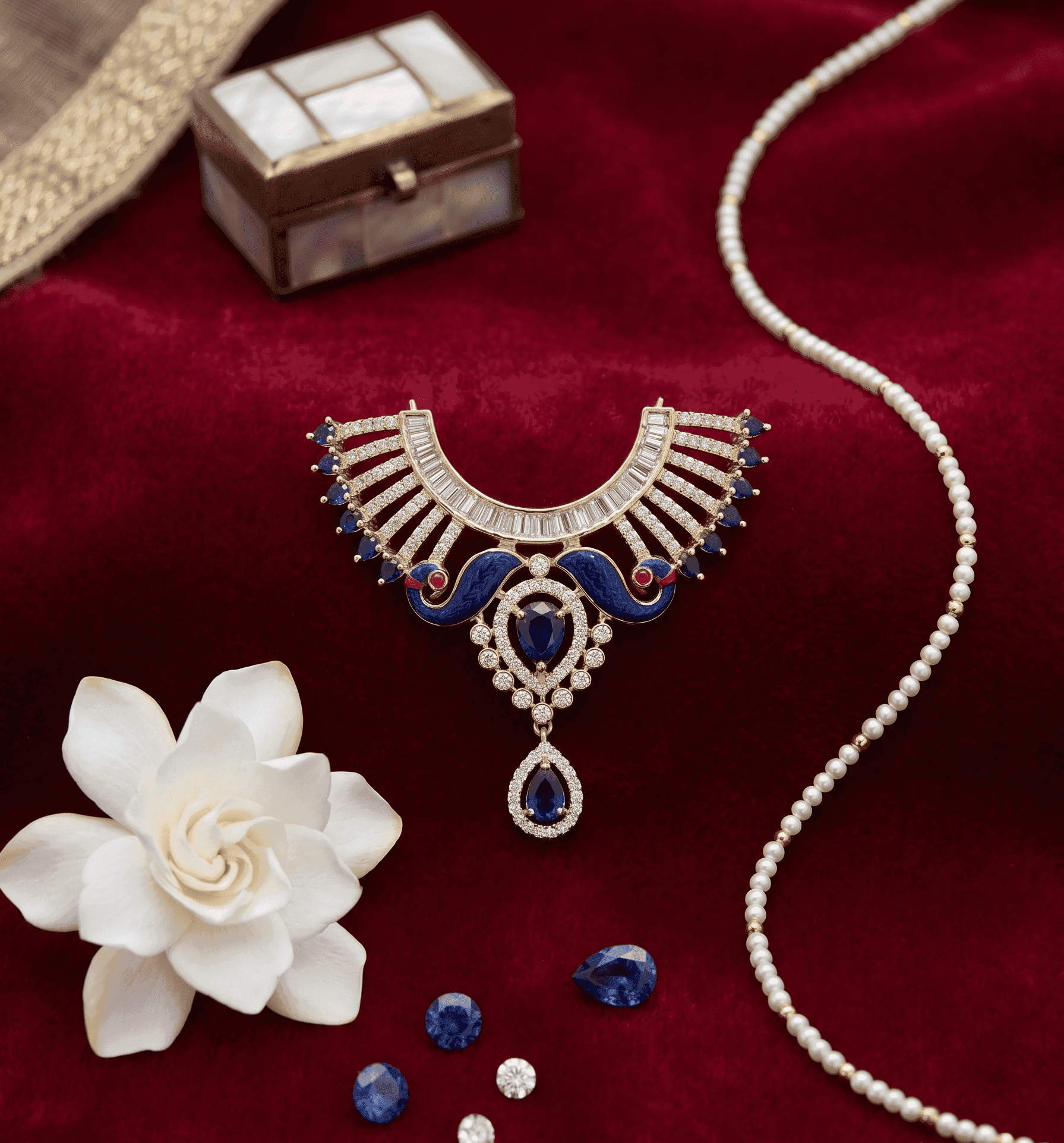 Divine Blue Enamel Peacock American Diamond Choker — image 1