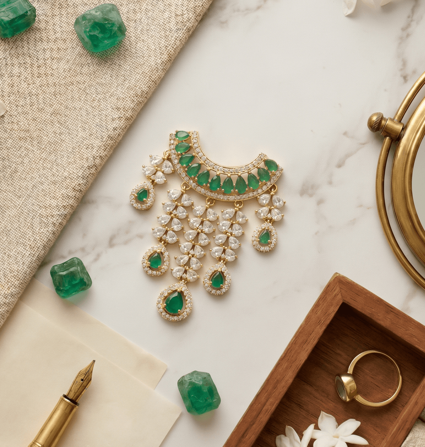 Handcrafted American Diamond (AD) Deity Hasli with Cascading Tear Drops - Green — image 1