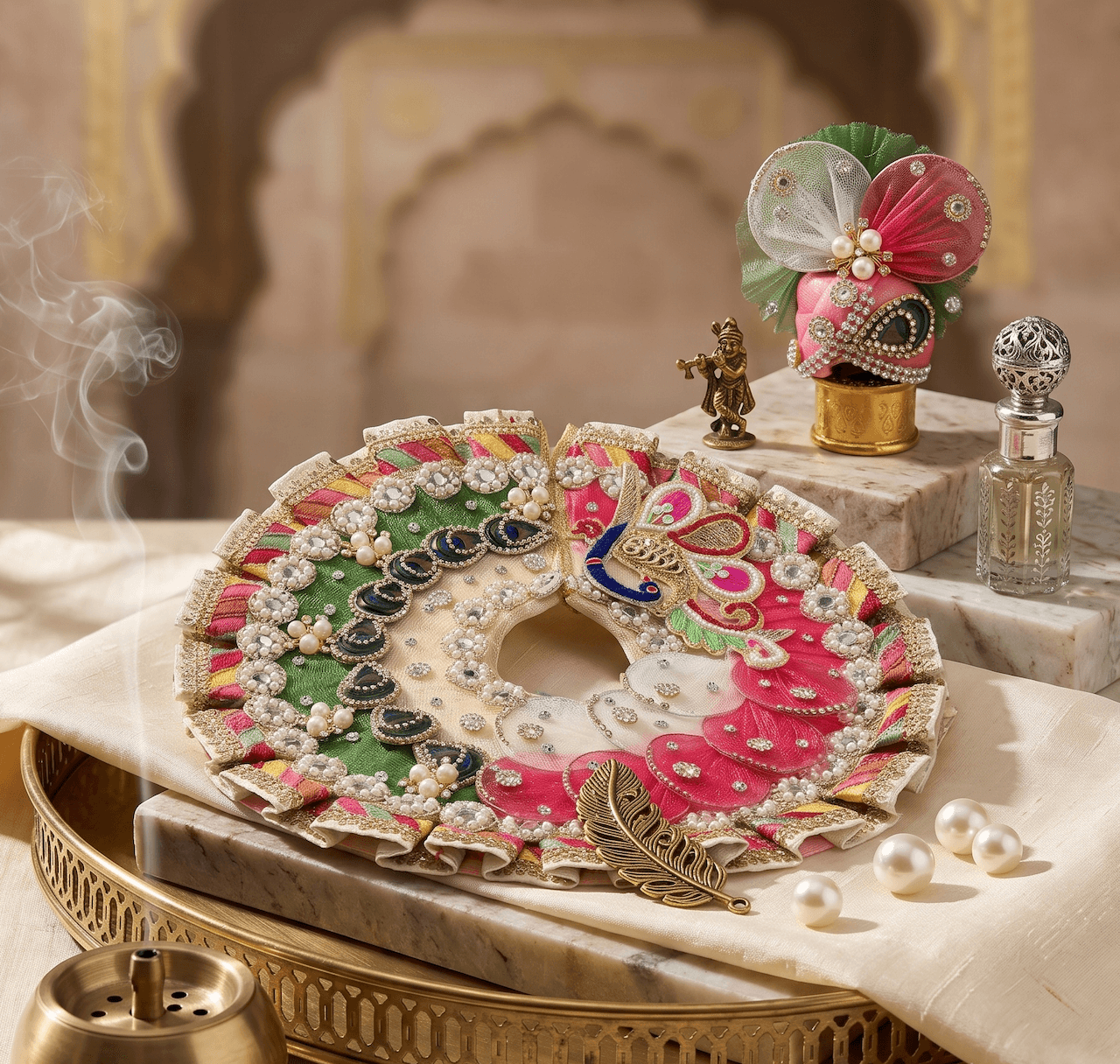 Multi-Color Pearl Peacock Dress Set with Matching Pagri for Laddu Gopal — image 2