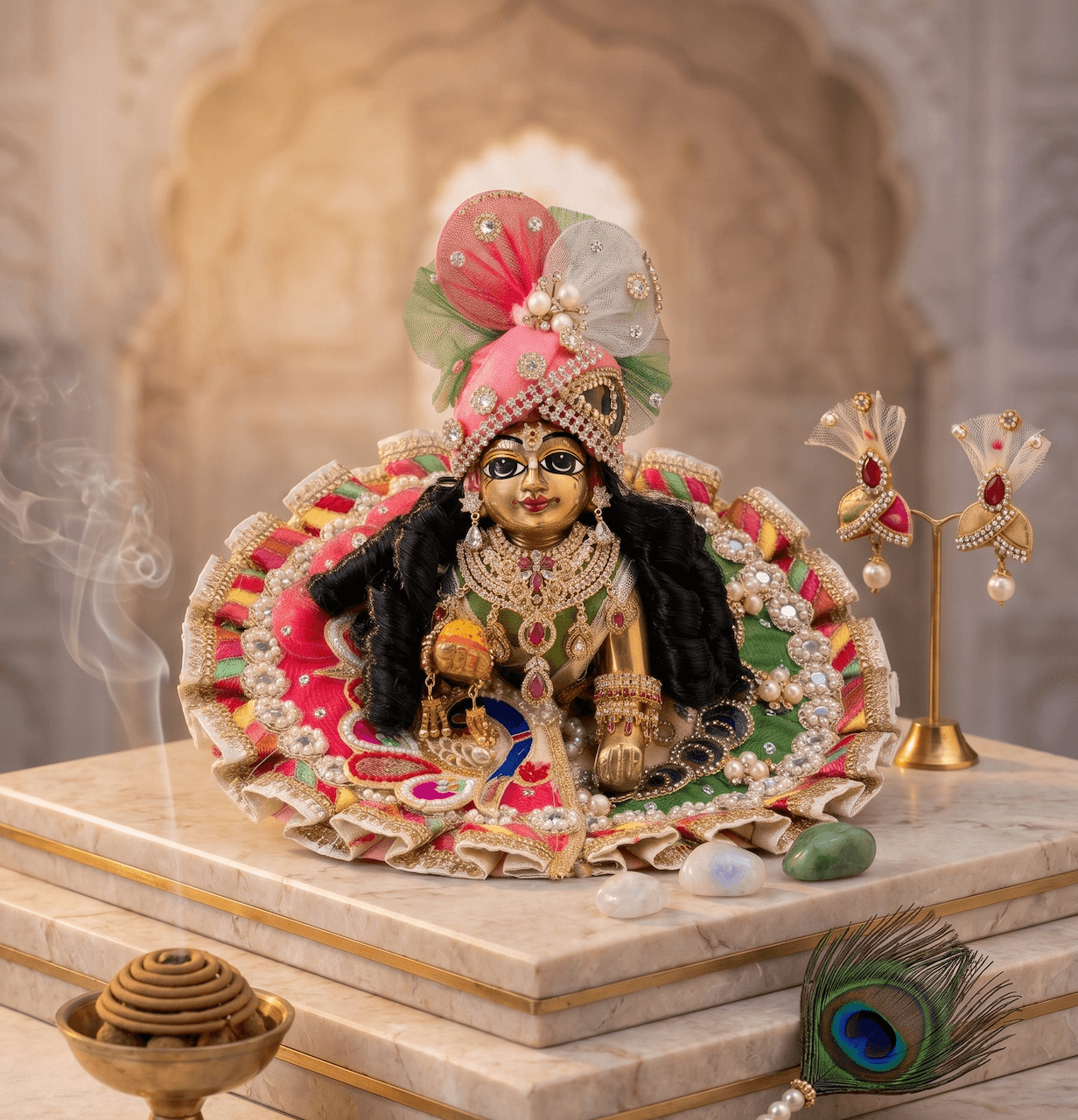 Multi-Color Pearl Peacock Dress Set with Matching Pagri for Laddu Gopal