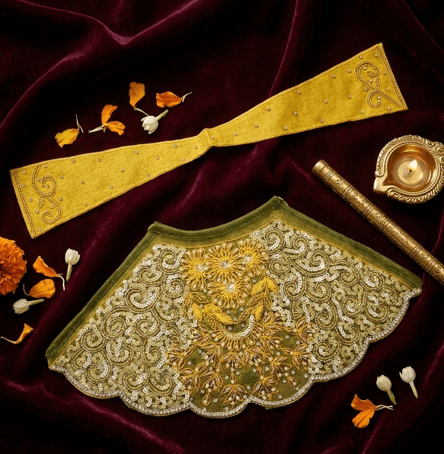 Handcrafted Olive Green & Yellow Embroidered Mata Rani Poshak Set — image 1