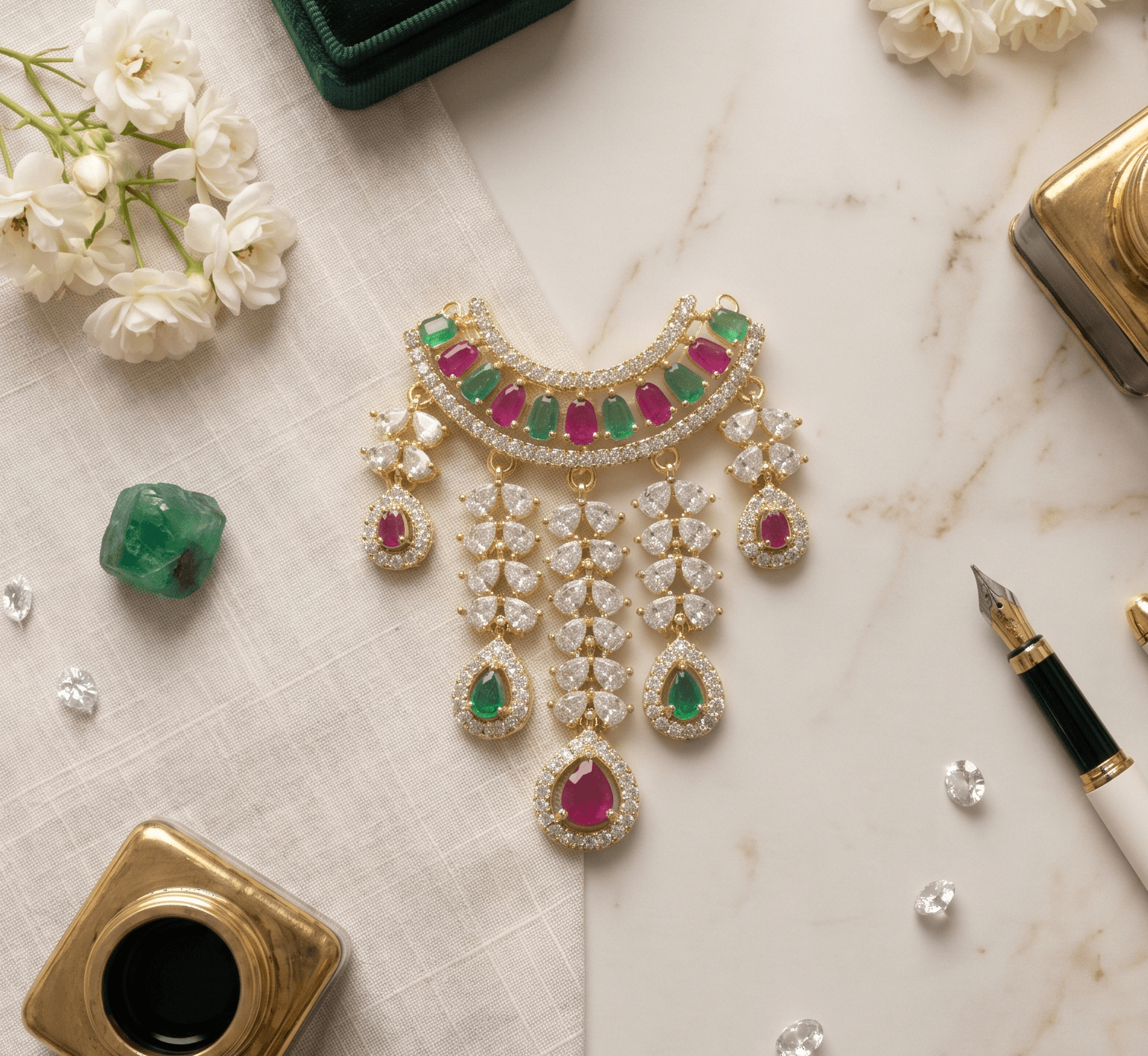 Handcrafted American Diamond (AD) Deity Hasli with Cascading Tear Drops - Multi — image 1