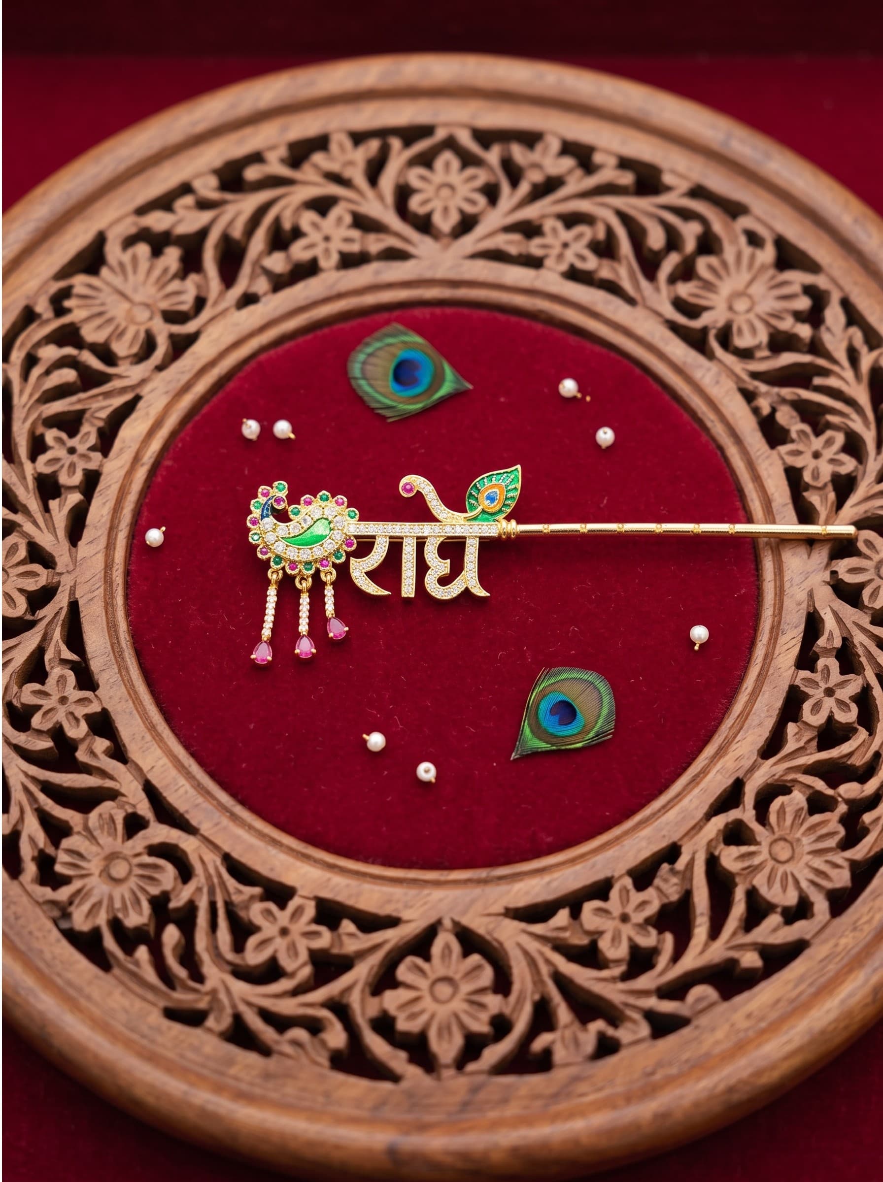 Divine "Radhe" Gold-Plated Krishna Bansuri with Peacock Emblem & Teardrop Stone Tassels