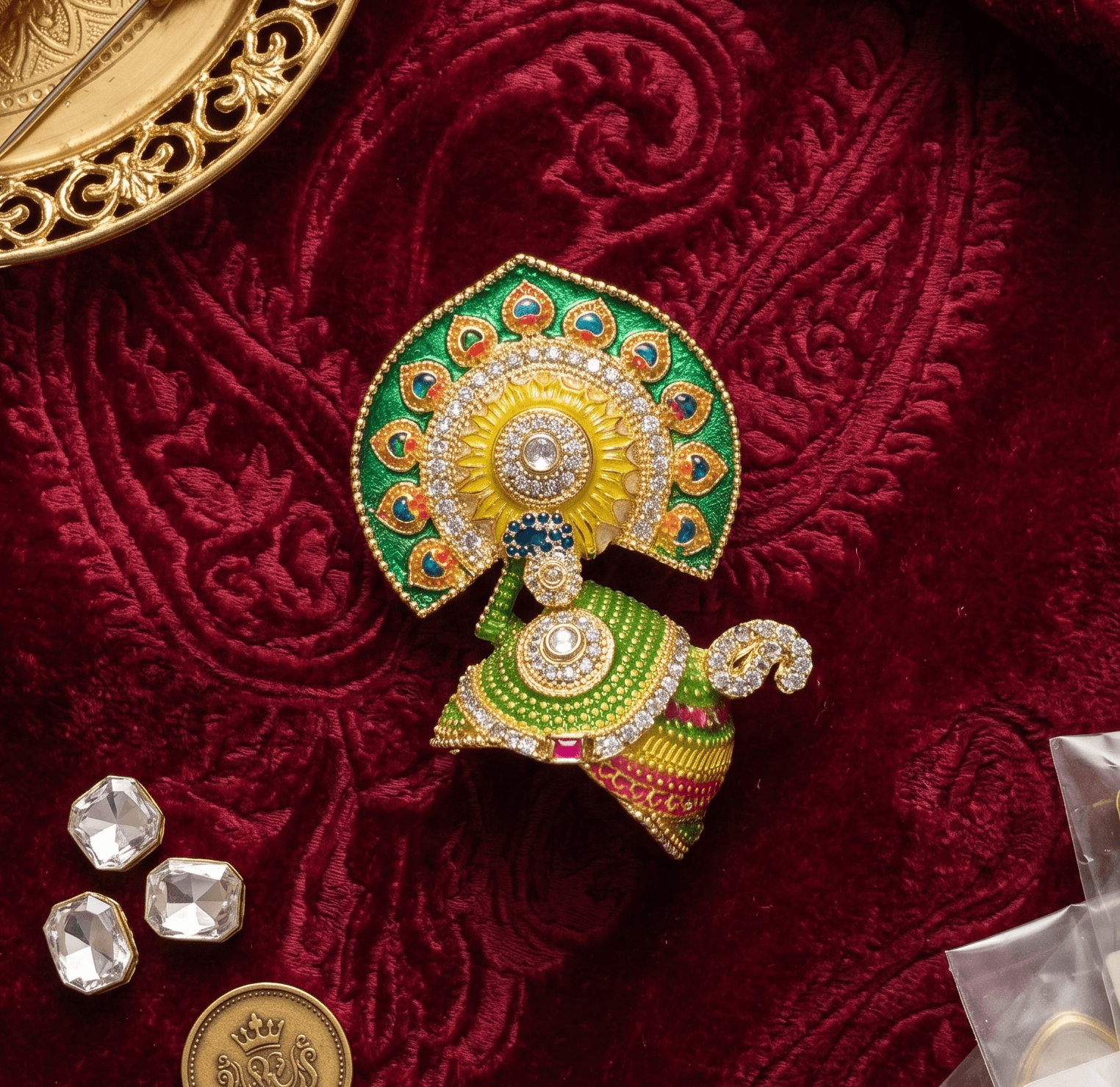 Handcrafted Meenakari Peacock Crown Pagri Mukut with AD Stones for Laddu Gopal & Deity Idols