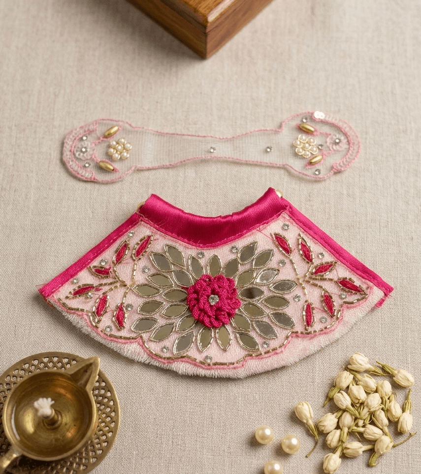 Handcrafted Light Pink Net Mirror Work Mata Rani Poshak Set — image 1
