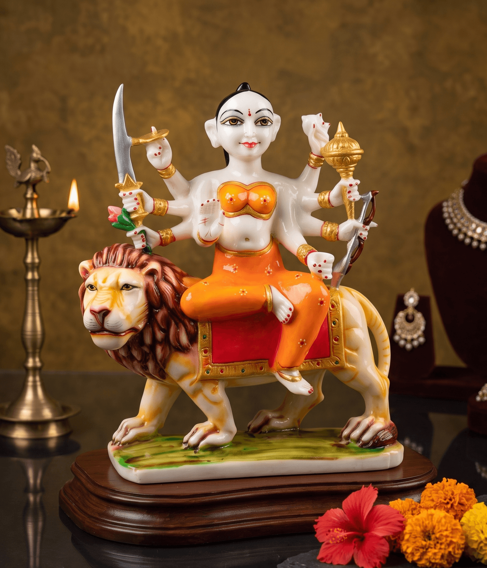 The White Marble Maa Durga Idol on Lion ISKCON Style