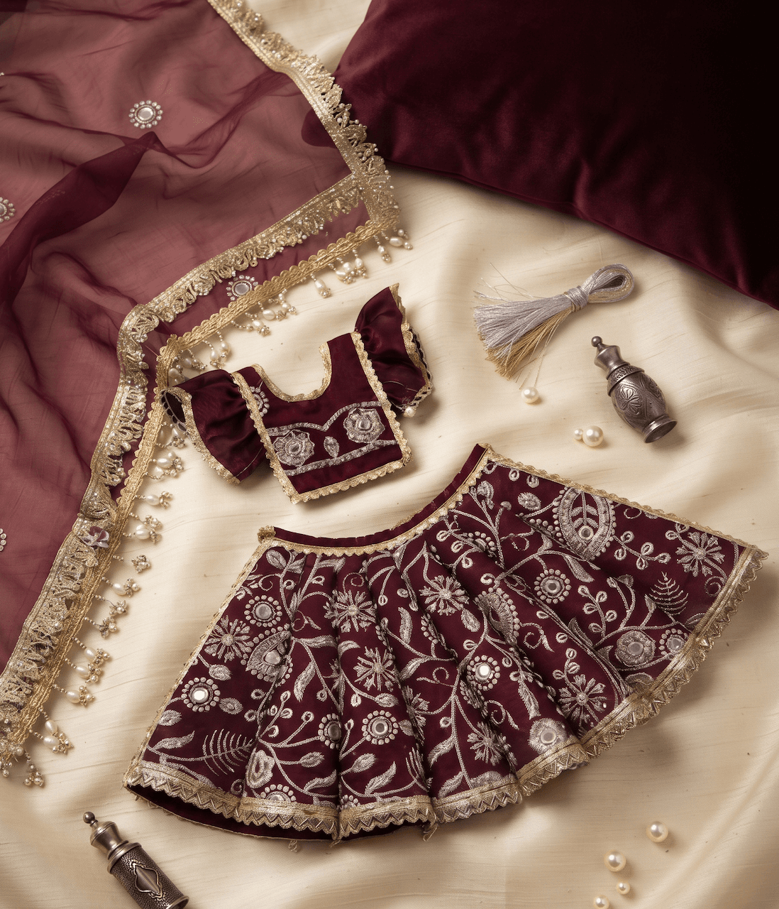 Handcrafted Deep Wine Silk & Organza Zardozi Mata Kali Poshak Set — image 1