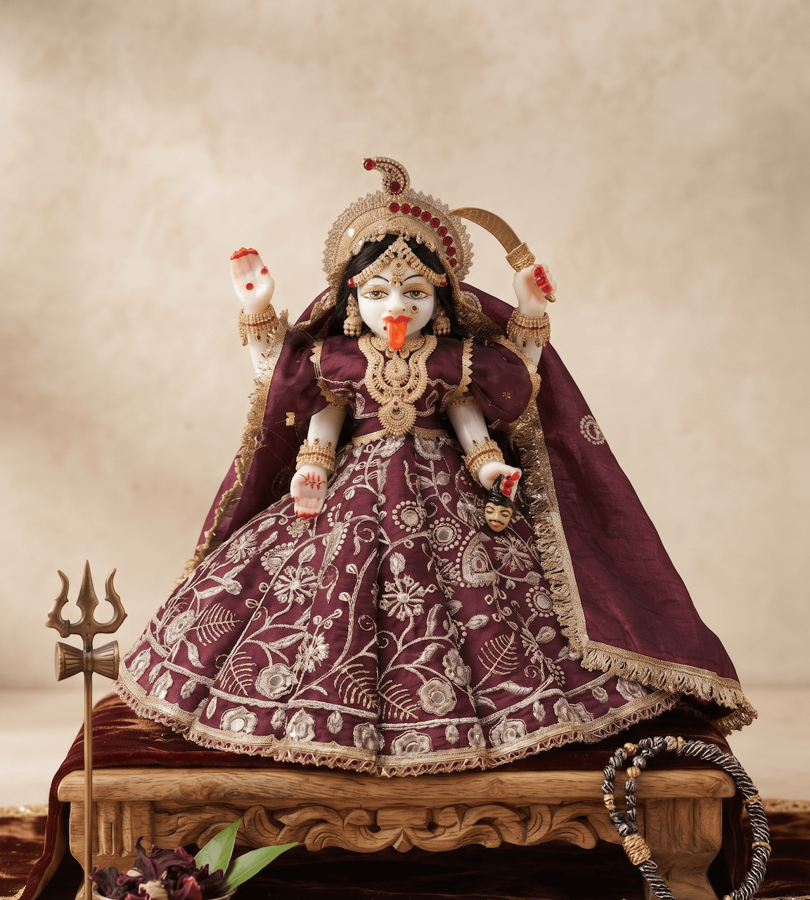 Handcrafted Deep Wine Silk & Organza Zardozi Mata Kali Poshak Set — image 2