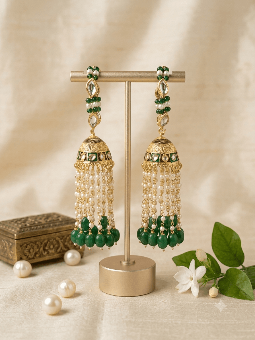 Traditional Kundan & Meenakari Kalire Set for Maa Durga & Radha Rani Idol - Green — image 1