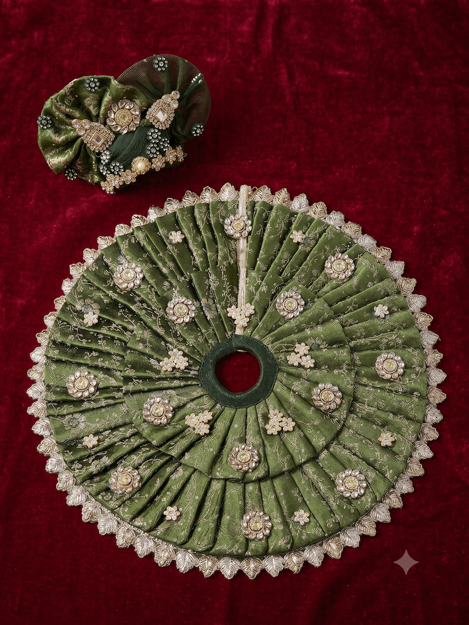 Olive Green Pleated Brocade Silk Poshak with Kundan Work & Matching Pagri for Laddu Gopal — image 2