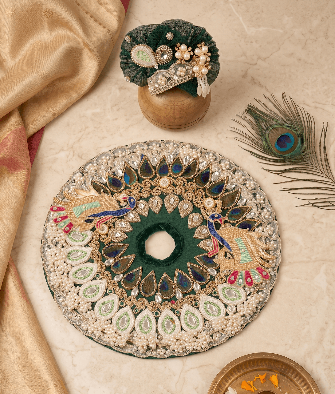Emerald Green Peacock & Pearl Heavy Embroidered Dress Set with Matching Pagri for Laddu Gopal